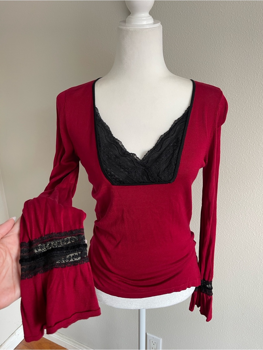 august silk Burgundy Knit Top with Black Trim